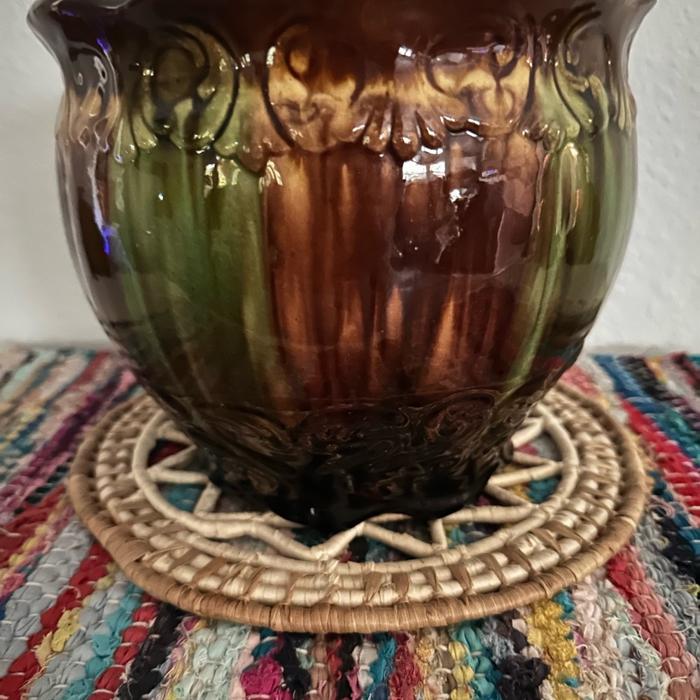 Antique Green and Brown Planter with Distinctive Accents